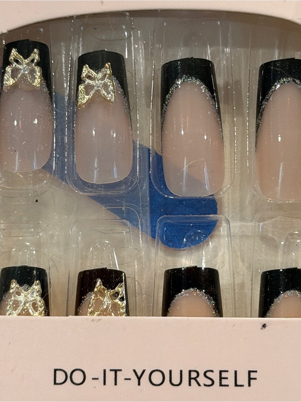 Black French Tip Bow Press On Nails Coquette Glam Nude Pink Nails